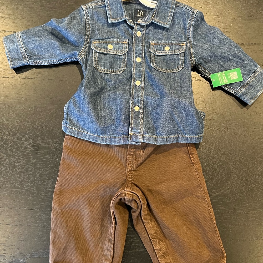 Gap 6-12m Denim Shirt and Brown Pants Set